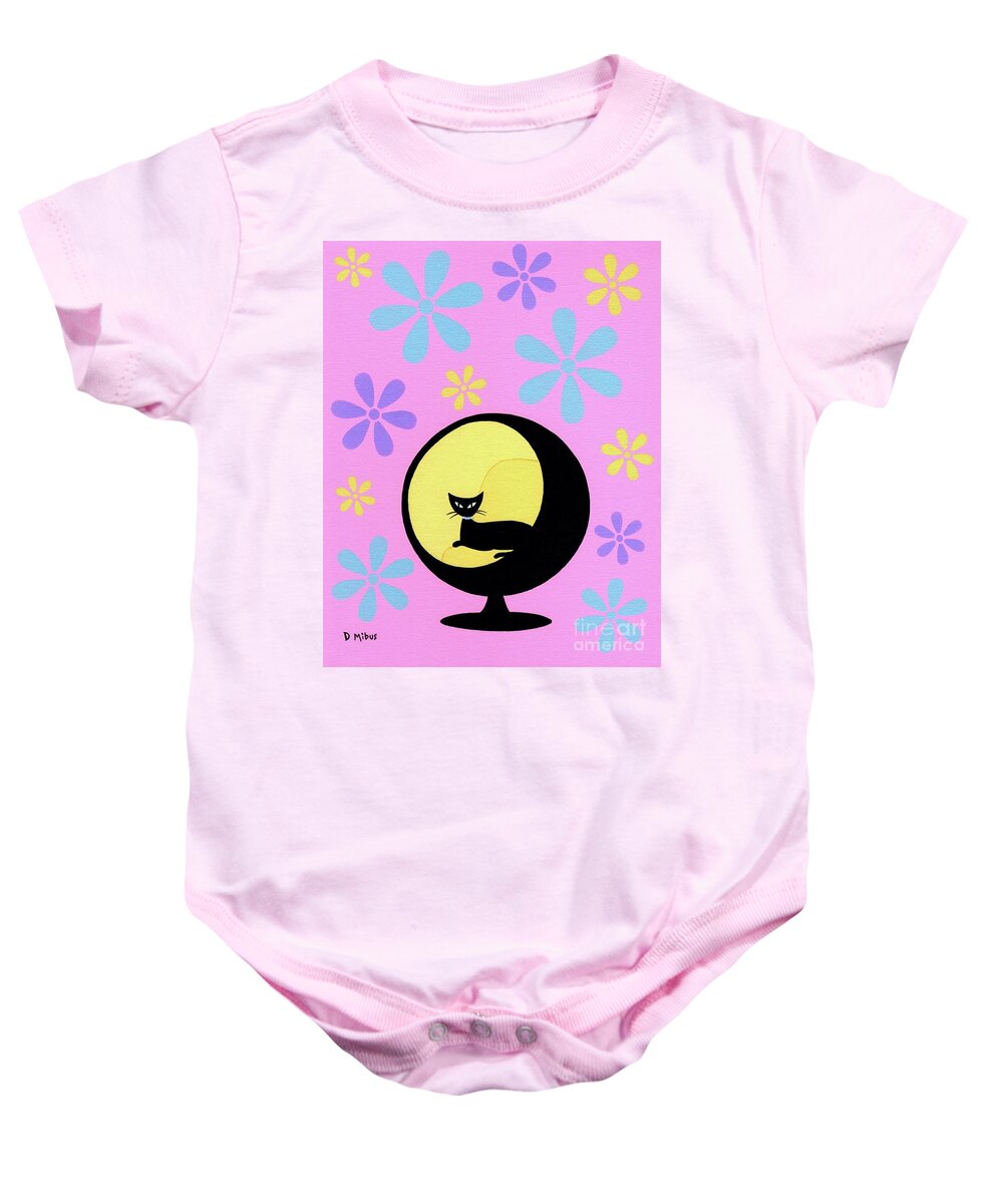 Flower Power Baby Onesie featuring the painting Ball Chair on Pink with Happy Flowers by Donna Mibus