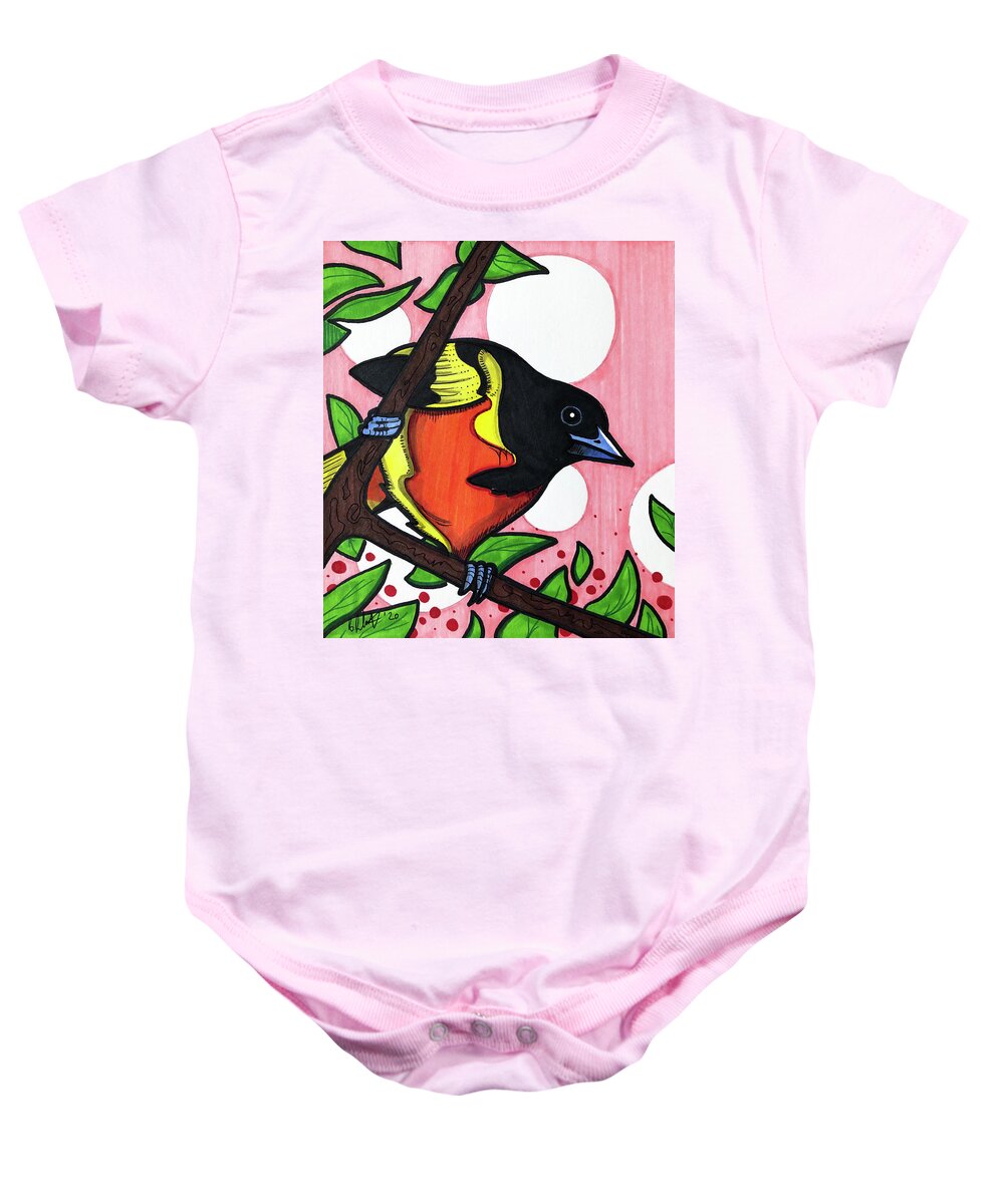Baltimore Oriole Baby Onesie featuring the drawing Baltimore Oriole by Creative Spirit