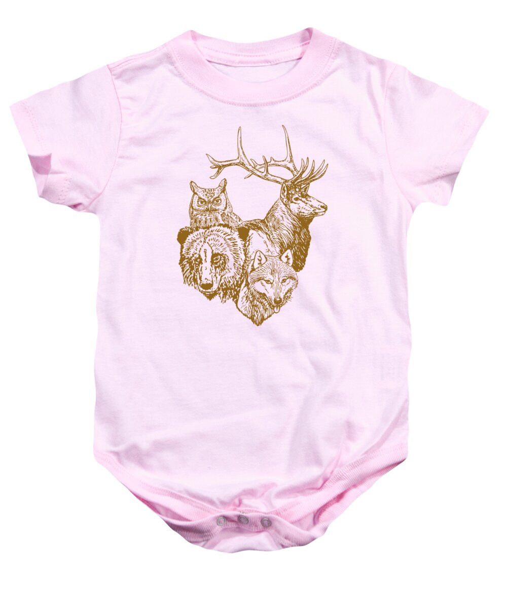 Animals Baby Onesie featuring the digital art Bear, Deer, Wolve And Owl by Madame Memento
