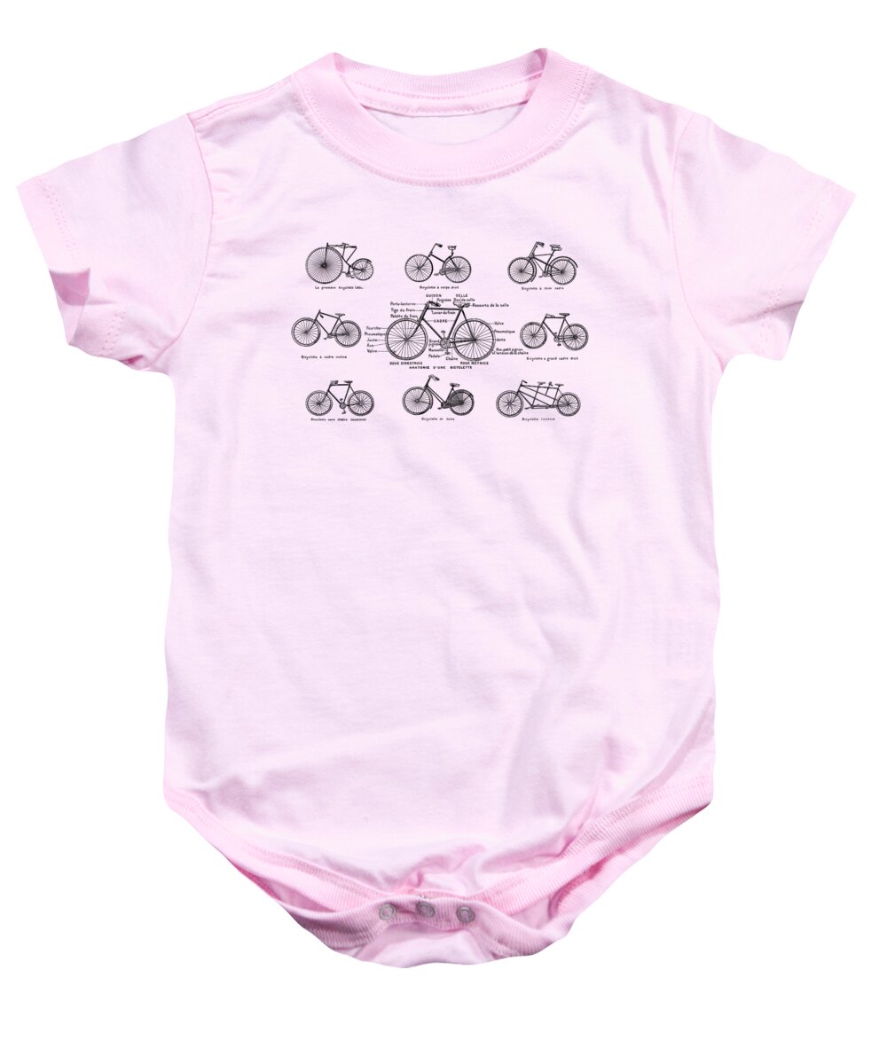Bicycle Baby Onesie featuring the digital art Bicycle chart in black and white by Madame Memento