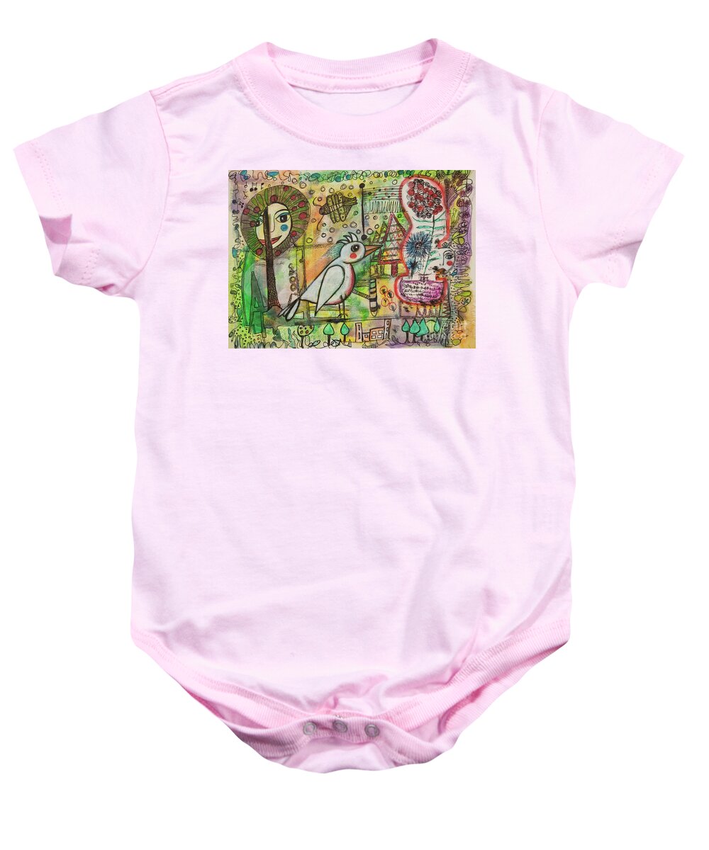 Bird Baby Onesie featuring the mixed media BIRD and APPLETREE by Mimulux Patricia No