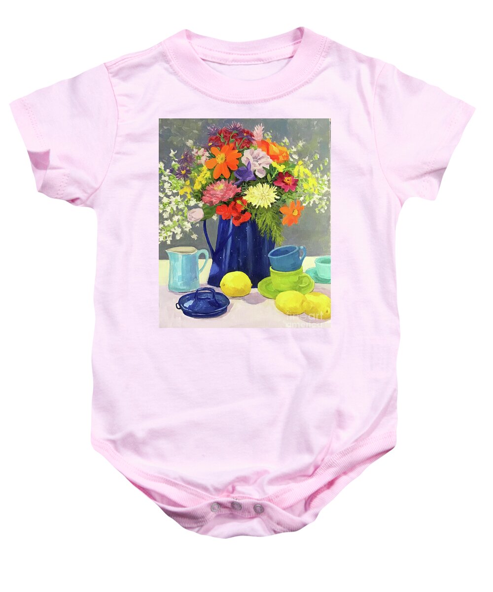 Blue Baby Onesie featuring the painting Blue Coffeepot Bouquet by Anne Marie Brown