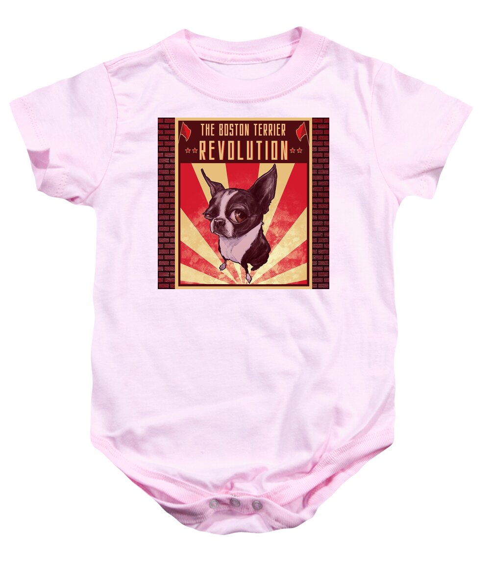 Boston Terrier Baby Onesie featuring the drawing Boston Terrier REVOLUTION by John LaFree