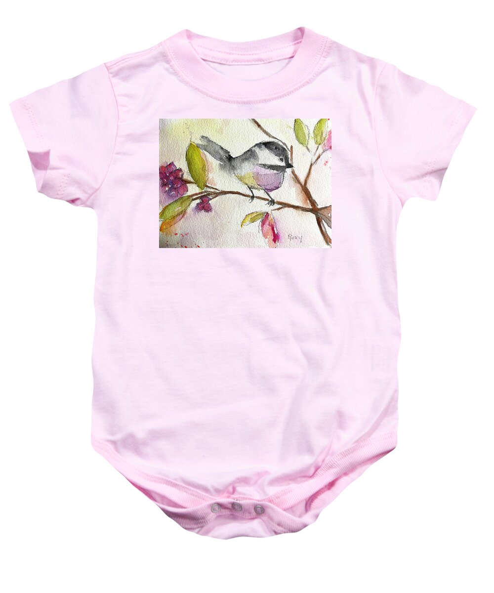 Watercolor Chickadee Baby Onesie featuring the painting Chickadee perched in a Tree by Roxy Rich