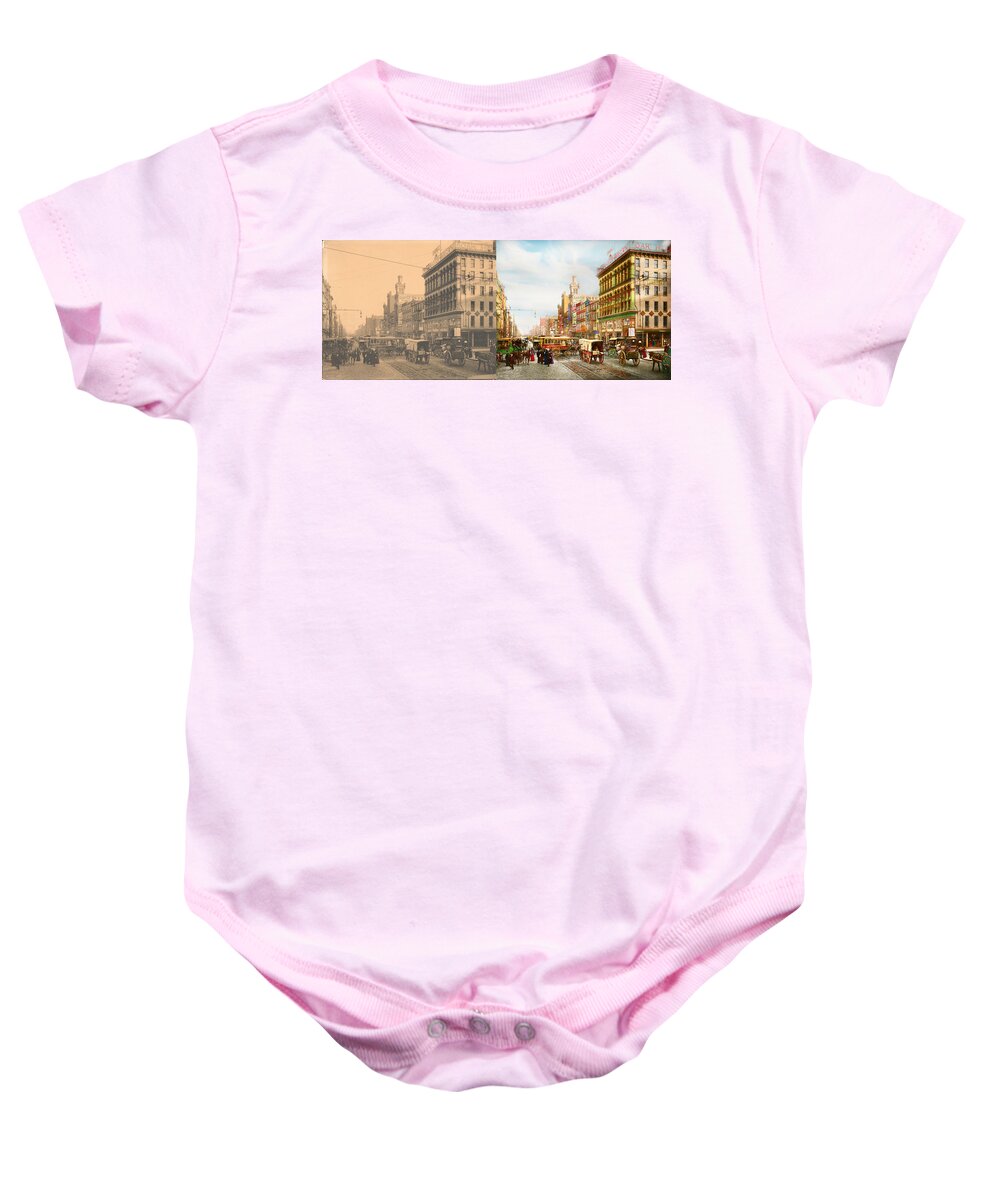 Philly Baby Onesie featuring the photograph City - Philadelphia, PA - Sixth and Market St 1902 - Side by Side by Mike Savad