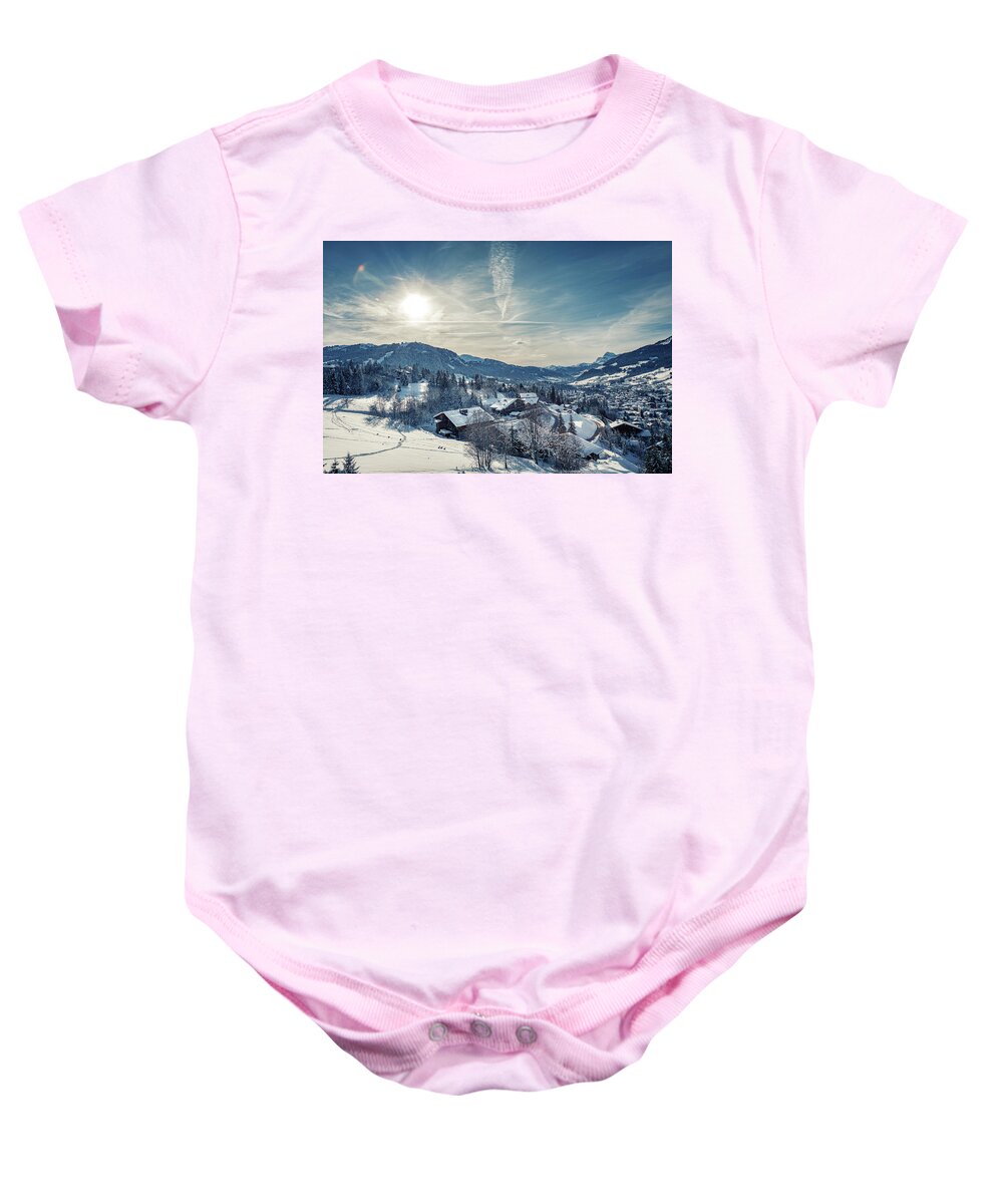 December 2017 Baby Onesie featuring the photograph Coexistence in Megeve - Wildlife and Village Life by Benoit Bruchez