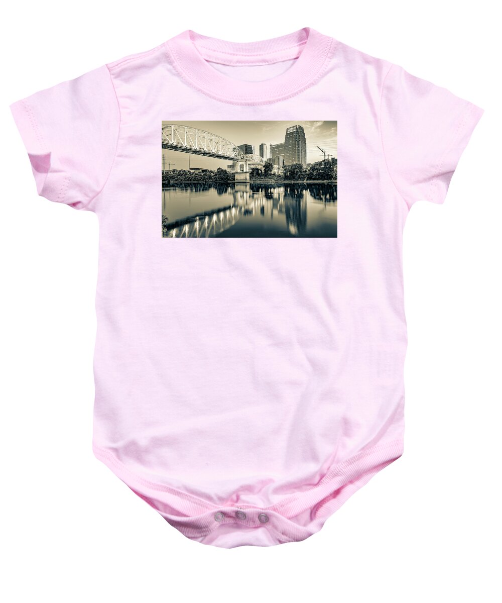 Cumberland River Baby Onesie featuring the photograph Cumberland River and Pedestrian Bridge in Downtown Nashville Tennessee - Sepia by Gregory Ballos
