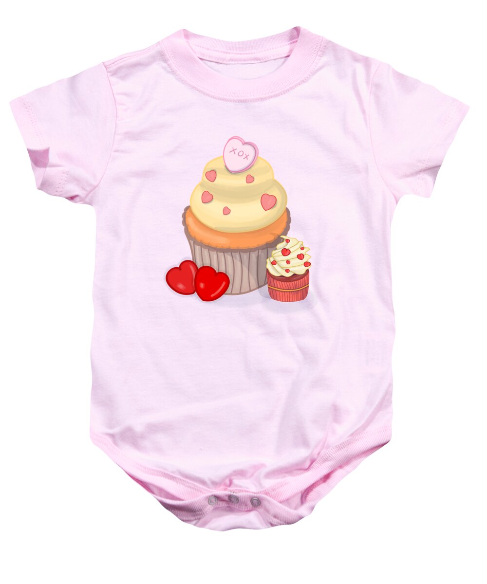 Digital Baby Onesie featuring the digital art Cupcakes With Hearts by Rose Lewis