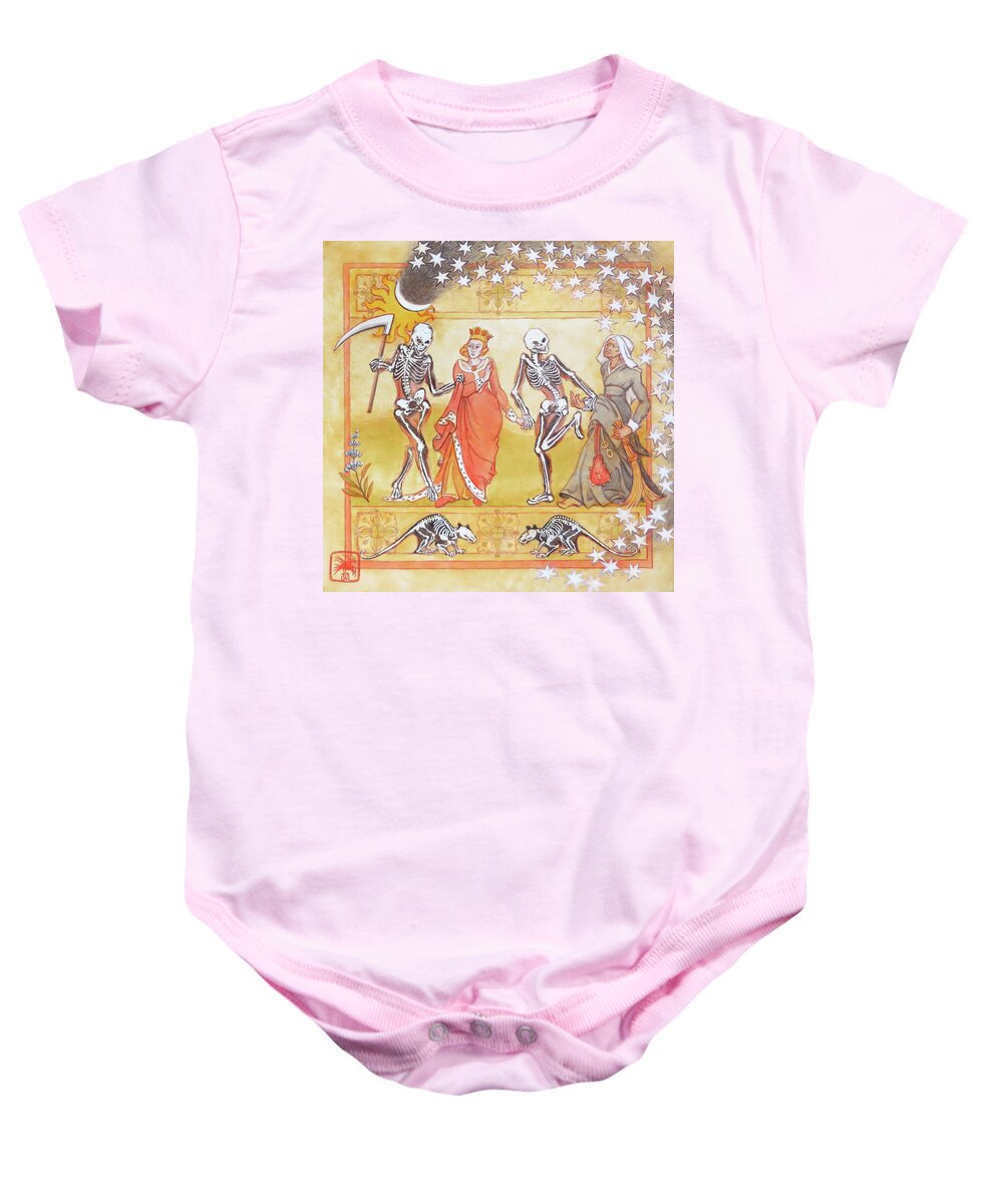 Danse Macabre Baby Onesie featuring the painting Dance of the Bubonic Plague by Ruth Hooper