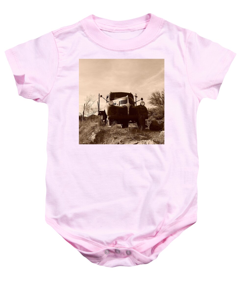 Desert Sepia Patina Baby Onesie featuring the photograph Desert Sepia Patina by Bill Tomsa