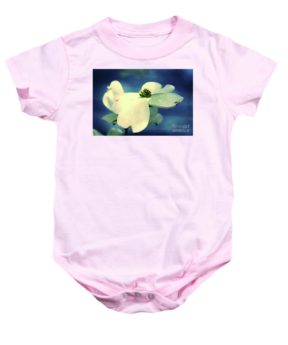 Dogwood; Dogwood Blossom; Dogwood Blossoms; Blossom; Blossoms; Tree; Dogwood Tree; Raindrops; Flower; Indigo; Blue; White; White Flower; White Blossom; Cross Process; Baby Onesie featuring the photograph Dogwood Blues by Tina Uihlein