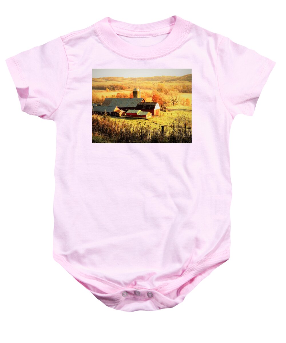 Barns Baby Onesie featuring the photograph Early Morning Light on the Farm by Lori Frisch
