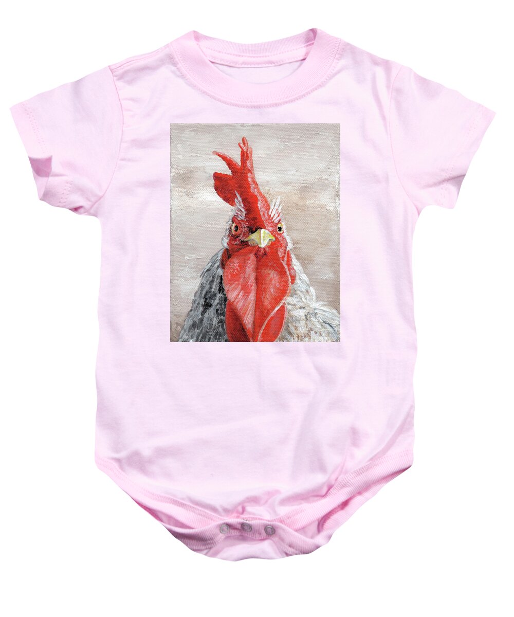 Rooster Baby Onesie featuring the painting EGG-scuse-me Rooster Painting by Annie Troe