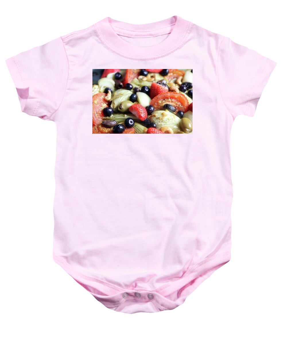 Food Baby Onesie featuring the photograph Fennel Tomato Onion Cashew Oven Dish With Fresh Berries by Johanna Hurmerinta
