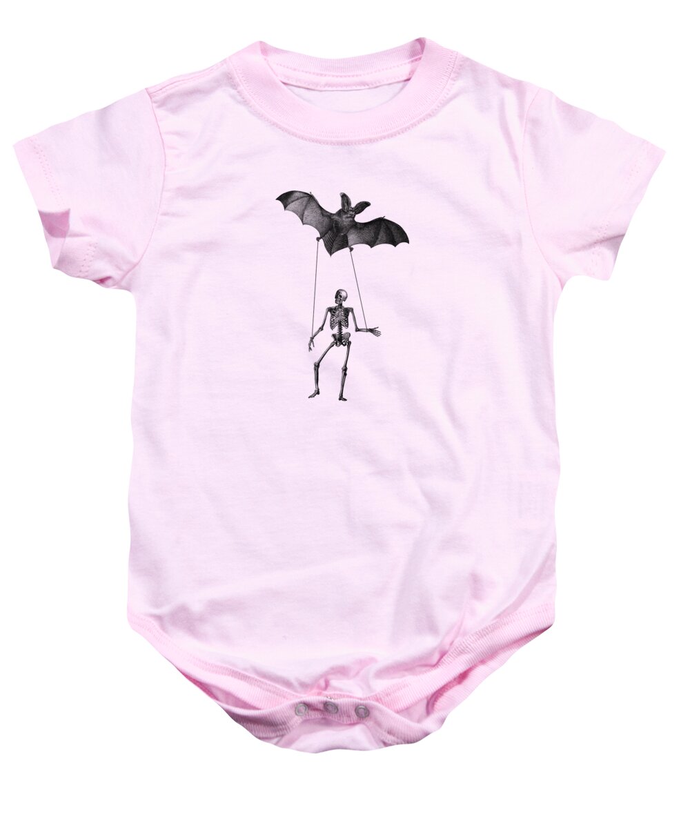 Skeleton Baby Onesie featuring the digital art Flying bat with skeleton on a string by Madame Memento