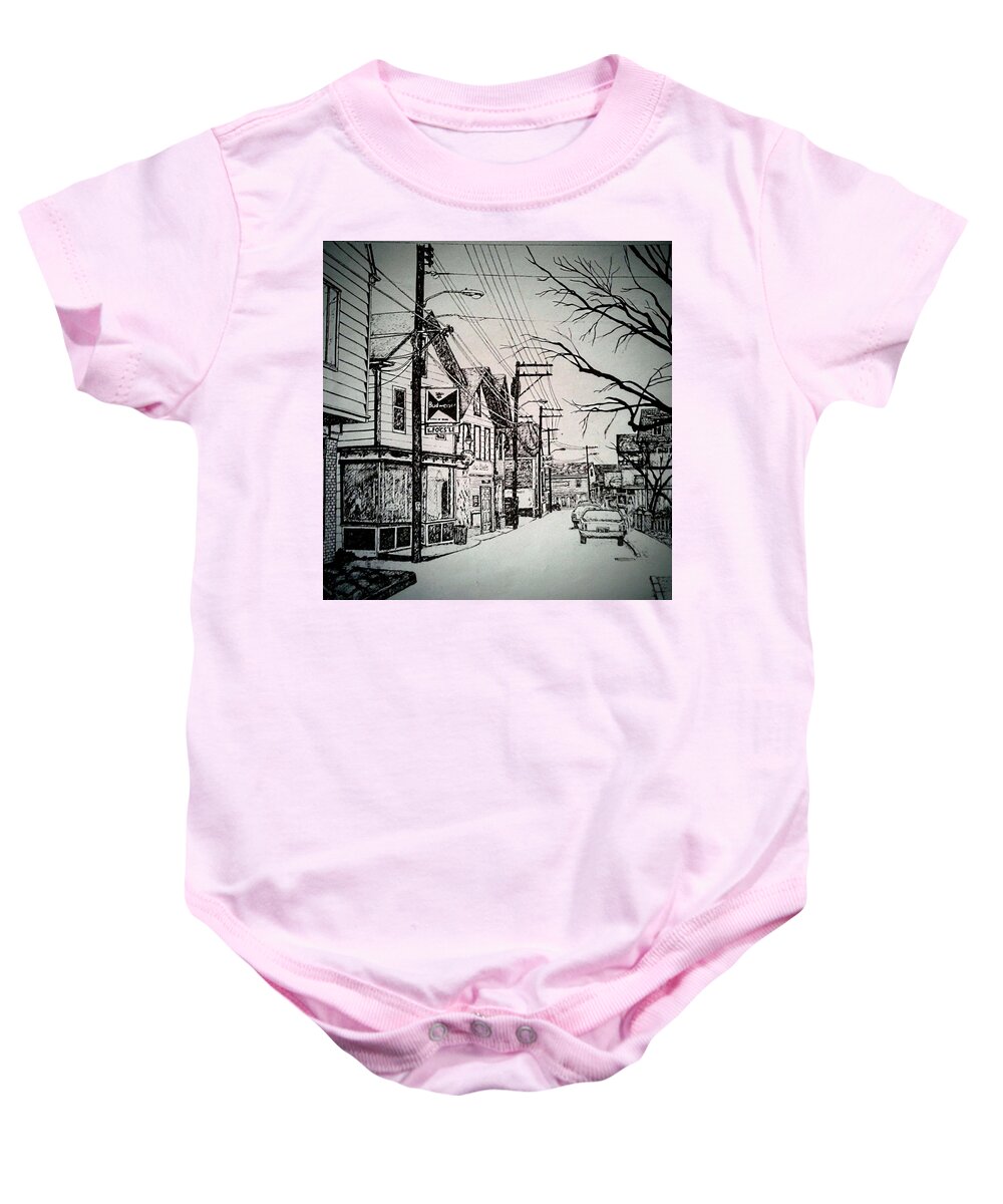 Ptown Baby Onesie featuring the painting Focsle, Downtown Ptown by James RODERICK