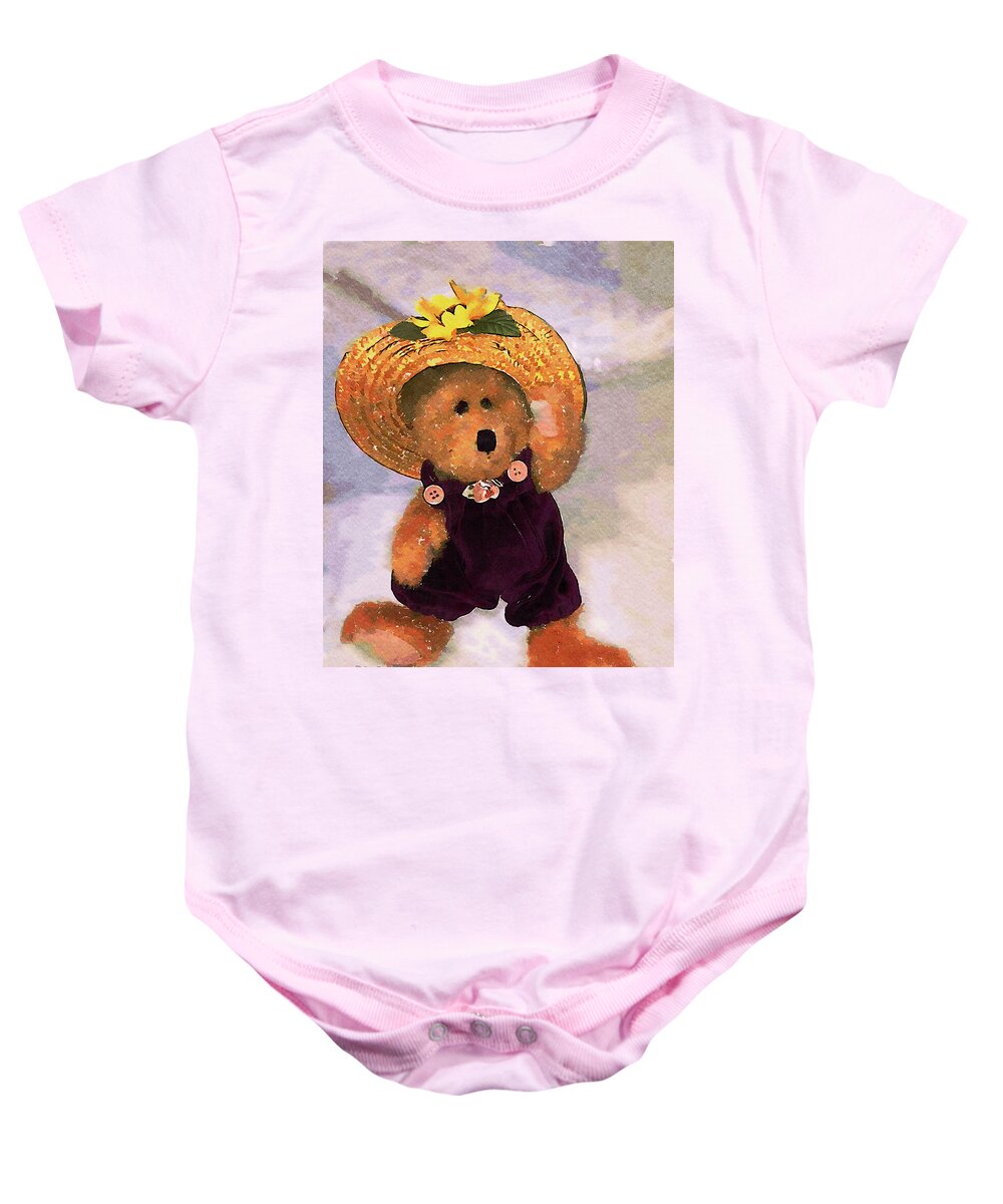 Teddy Bear Baby Onesie featuring the mixed media Garden Teddy Bear in Straw Hat Watercolor Painting by Shelli Fitzpatrick