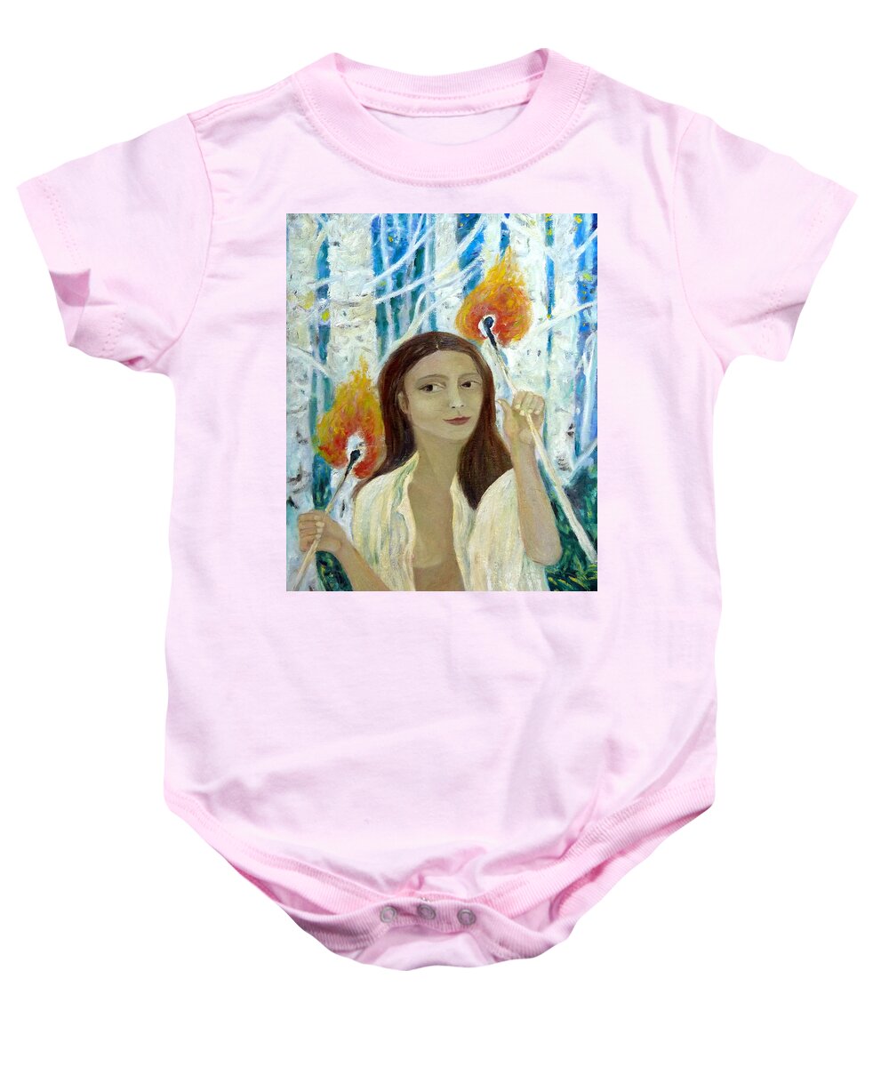 Girl With Matches Baby Onesie featuring the painting Girl With Matches by Elzbieta Goszczycka