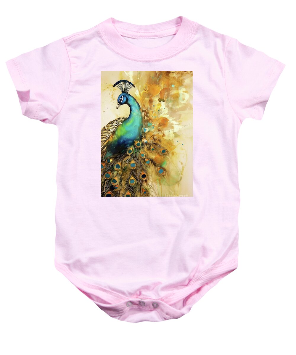 Peacock Baby Onesie featuring the painting Golden Peacock 2 by Tina LeCour