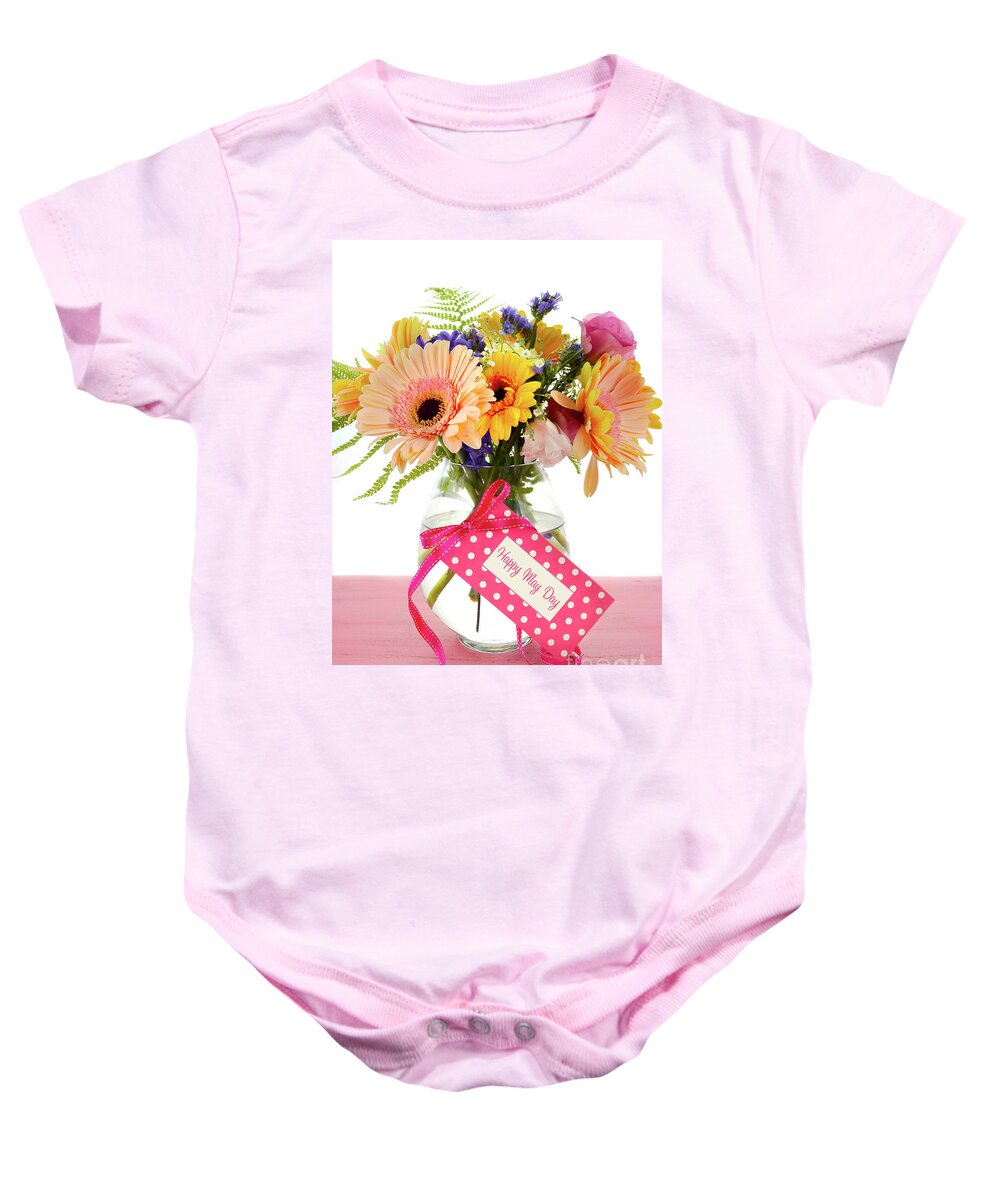 Blue Baby Onesie featuring the photograph Happy May Day gift of Spring flowers in vase. by Milleflore Images
