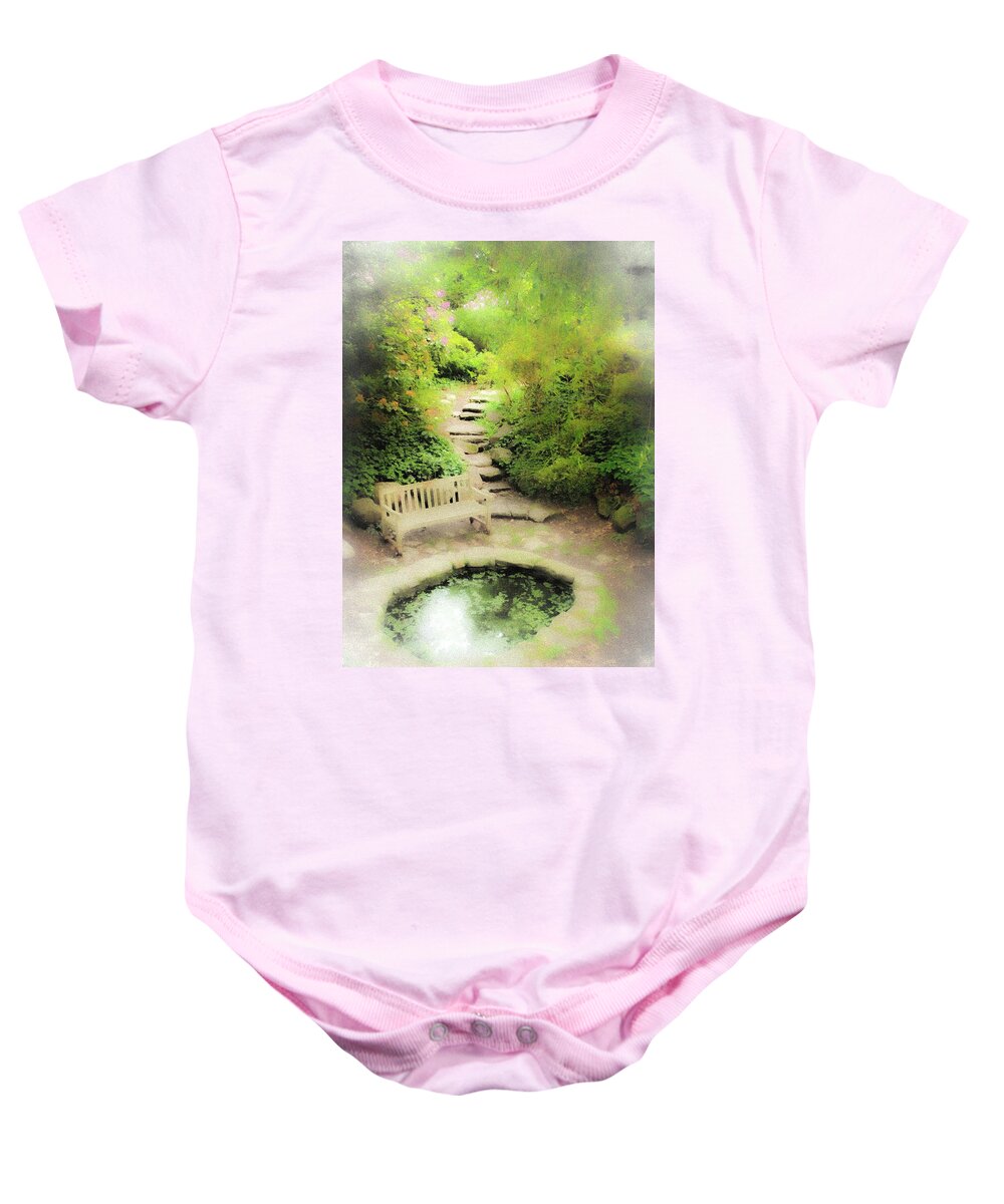 Pond Water Bench Stone Steps Fog Baby Onesie featuring the photograph Hazy Pond by John Linnemeyer