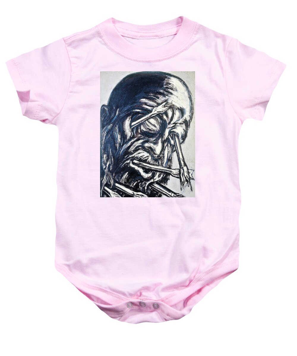 Head Pierced With Arrows Baby Onesie featuring the painting Head Pierced with Arrows, from the Los teules series - Digital Remastered Edition by Jose Clemente Orozco