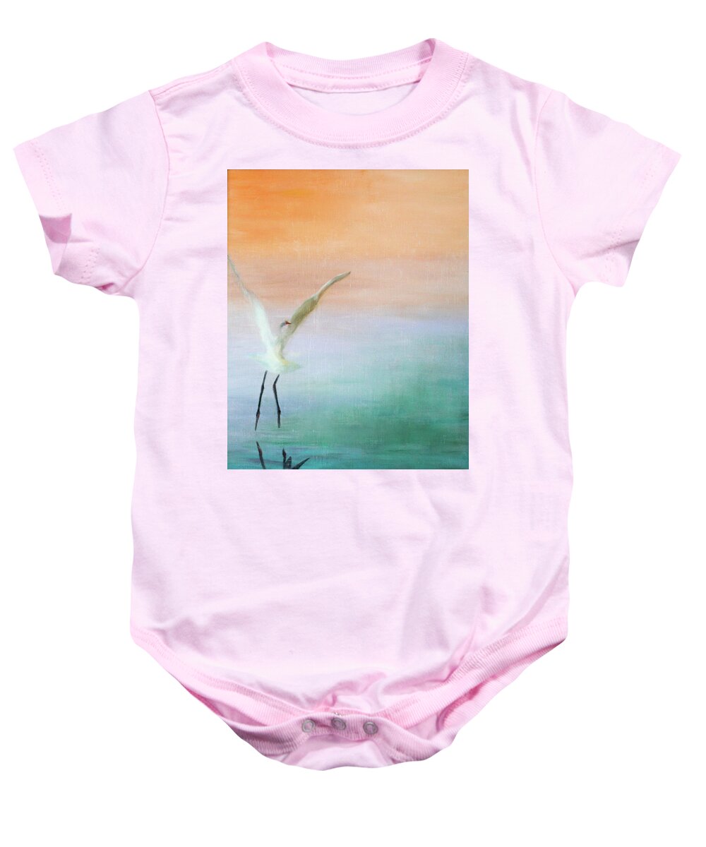 Heron Baby Onesie featuring the painting Heron Landing by Tracy Hutchinson