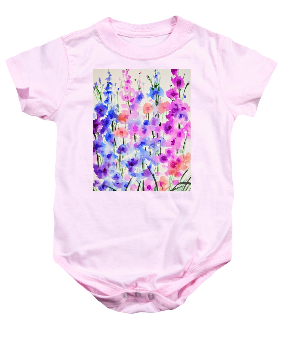 Hollyhocks Baby Onesie featuring the painting Hollyhocks 2 by Amy Giacomelli
