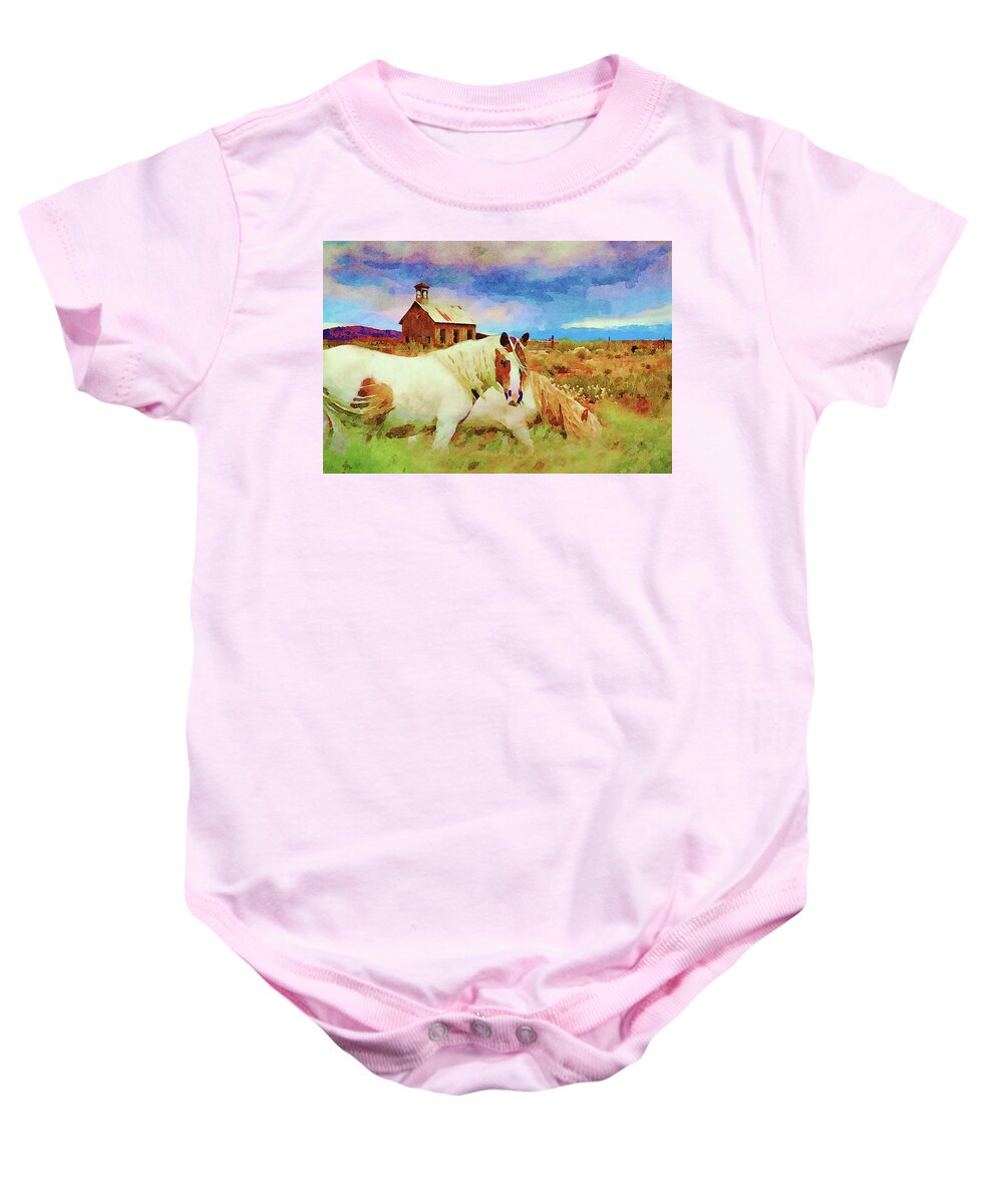 Animal Baby Onesie featuring the mixed media Horses Grazing by Abandoned Old Church House Barn by Shelli Fitzpatrick