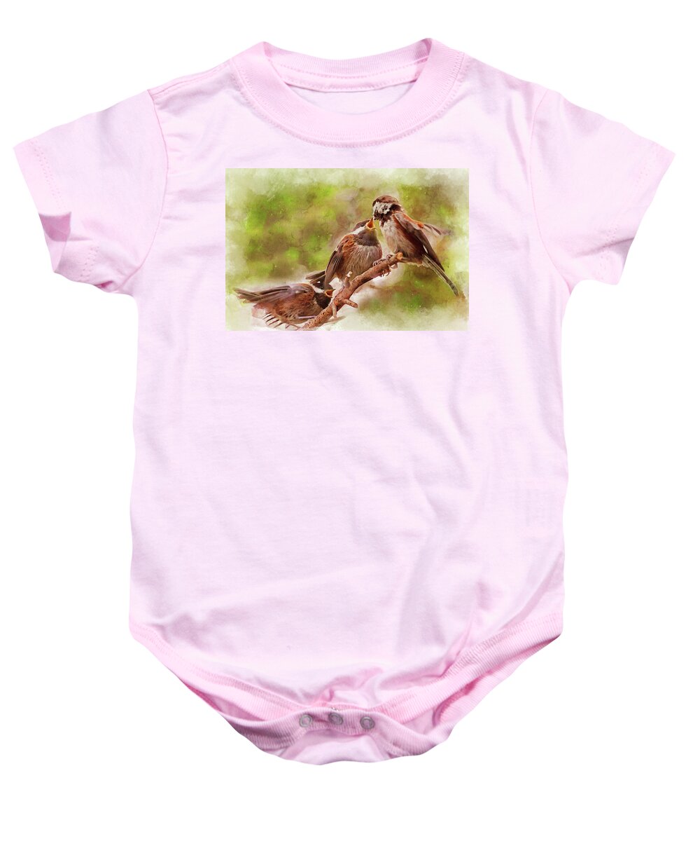 Chickadees Baby Onesie featuring the mixed media Hungry Baby Chickadees Watercolor by Peggy Collins
