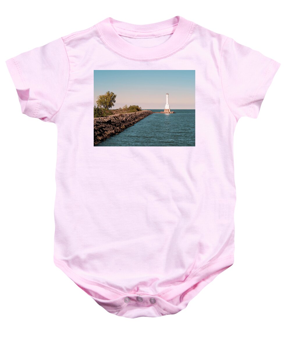 Huron Harbor Lighthouse Baby Onesie featuring the photograph Huron Harbor Lighthouse Blue Hour by Marianne Campolongo