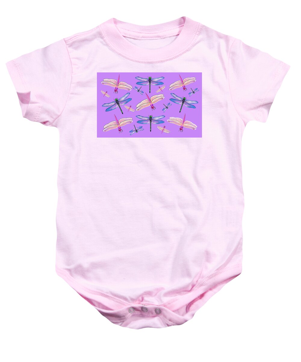 Dragonflies Baby Onesie featuring the mixed media Iridescent Dragonflies by Judy Cuddehe