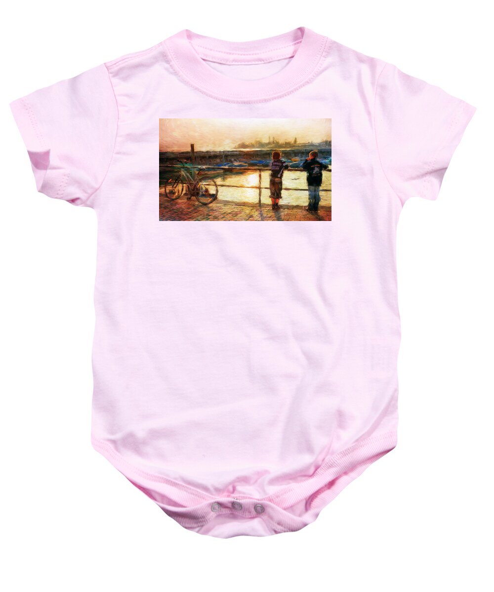 Sunset Baby Onesie featuring the mixed media Kids by Lake Constance at sunset by Tatiana Travelways