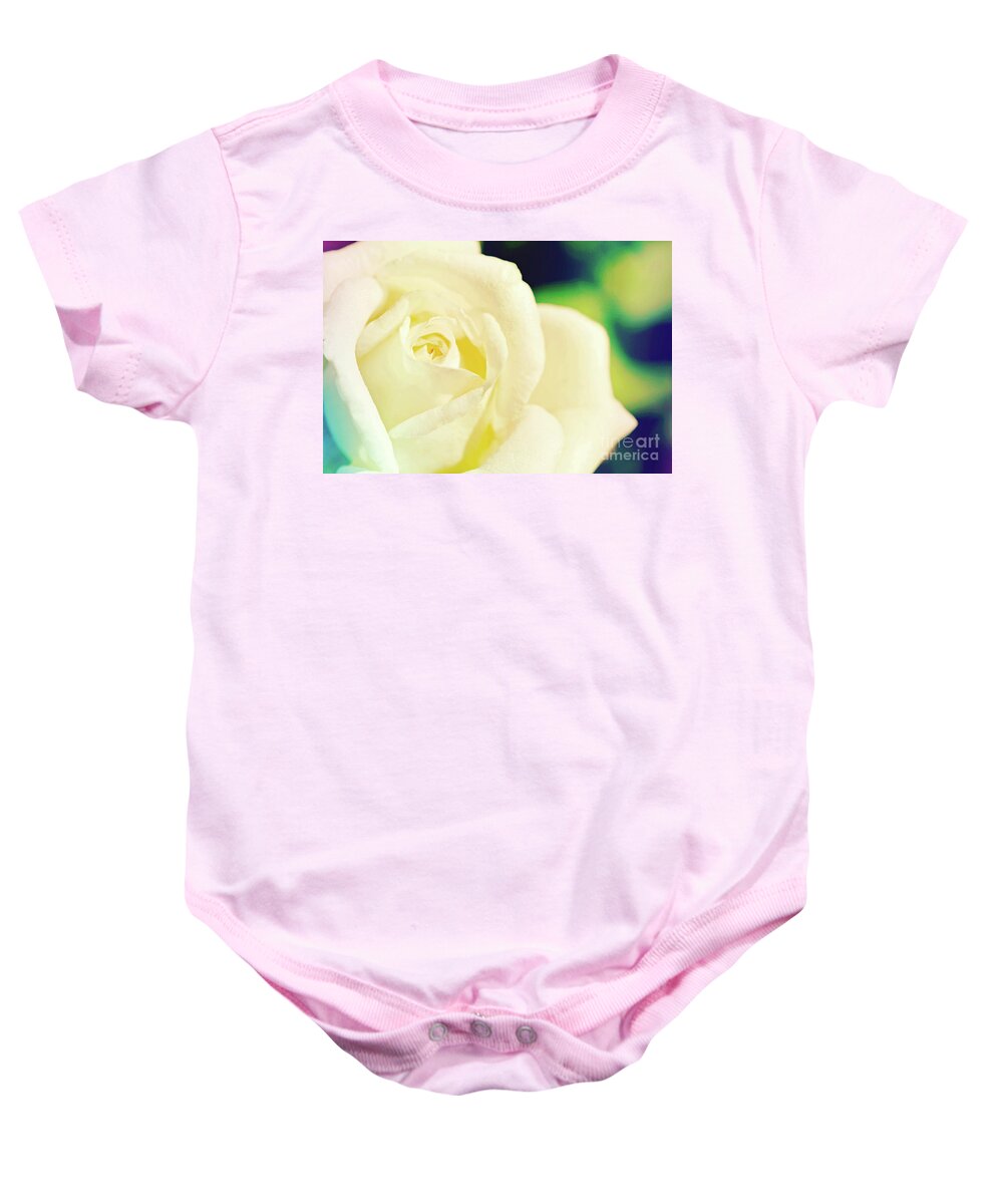 Rose; Flower; White Rose; Cream Rose; Close-up; Vintage; Cross-process; Horizontal; Baby Onesie featuring the photograph La Rose de Reve by Tina Uihlein