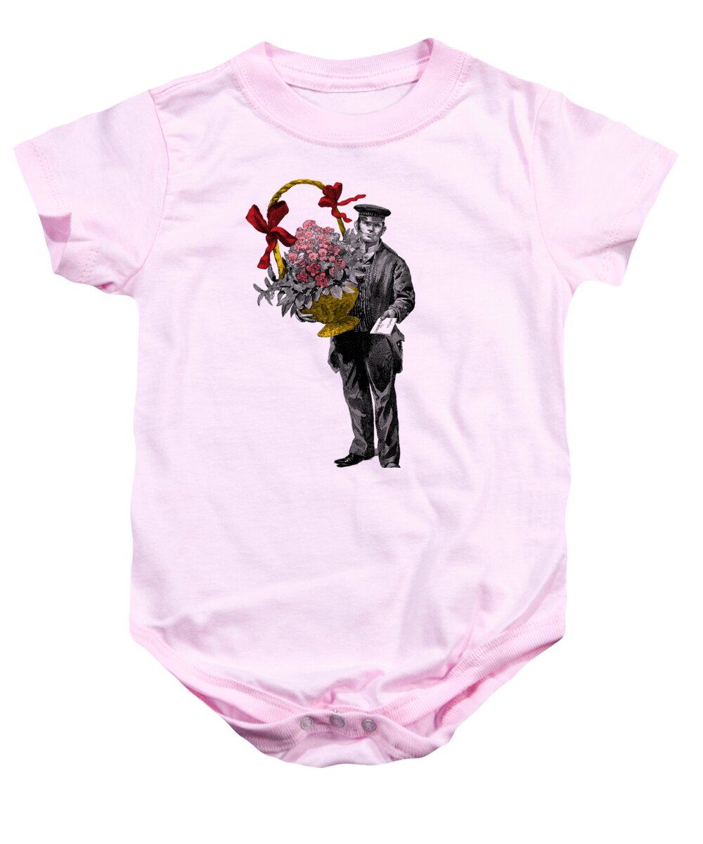 Mailman Baby Onesie featuring the digital art Mailman with flowers by Madame Memento