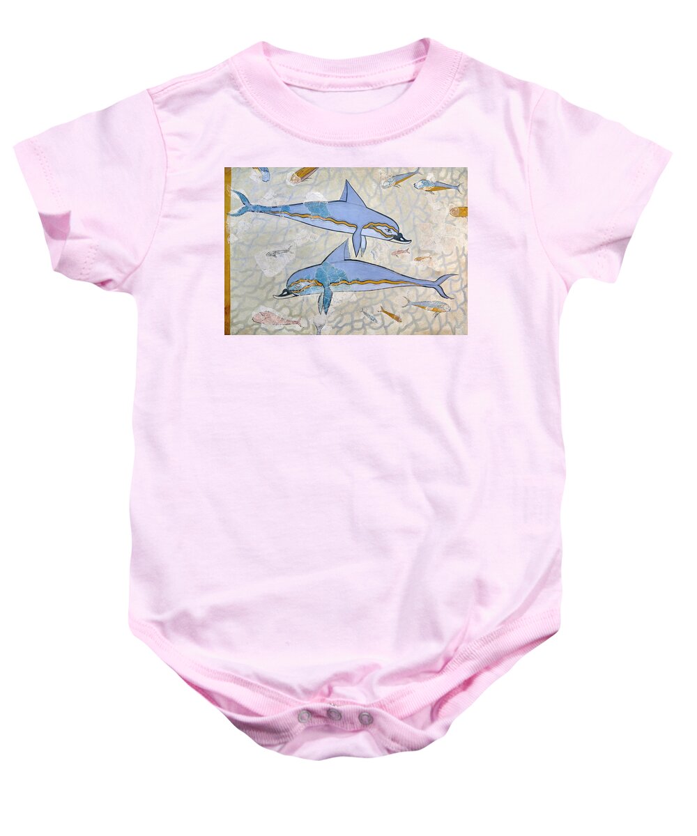 Minoan Fresco Baby Onesie featuring the painting Minoan Dolphin Fresco - Knossos Palace - 1600-1450 BC - Heraklion Archaeological Museum by Paul E Williams