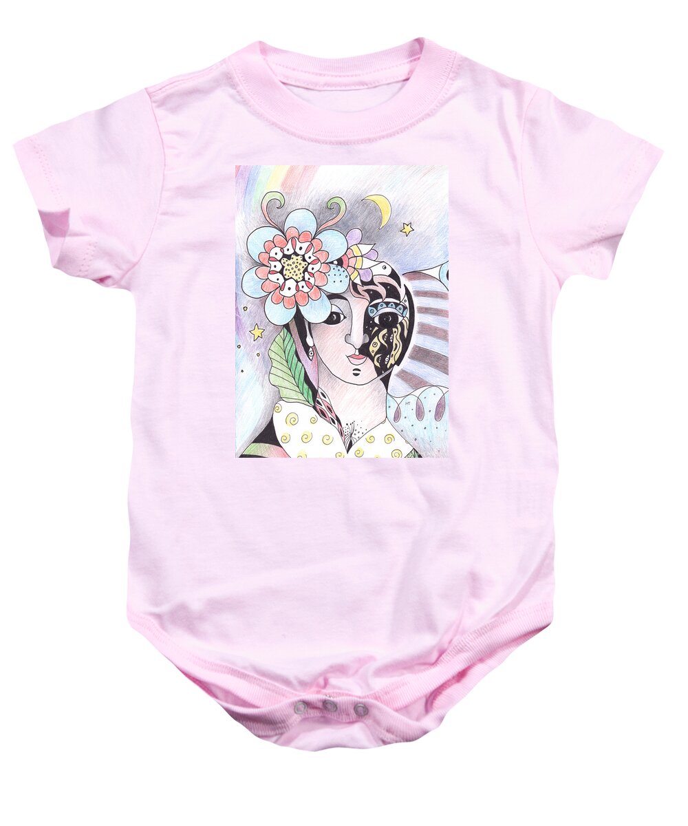 Of Stardust And Rainbows By Helena Tiainen Baby Onesie featuring the drawing Of Stardust and Rainbows by Helena Tiainen