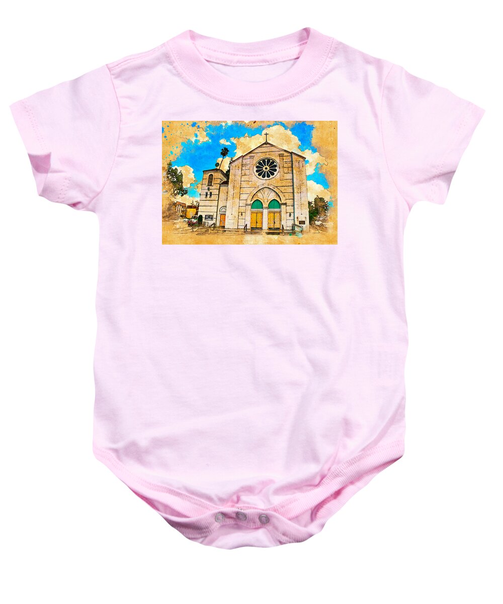 Our Lady Of Perpetual Help Baby Onesie featuring the digital art Our Lady of Perpetual Help catholic church in Downey, California by Nicko Prints