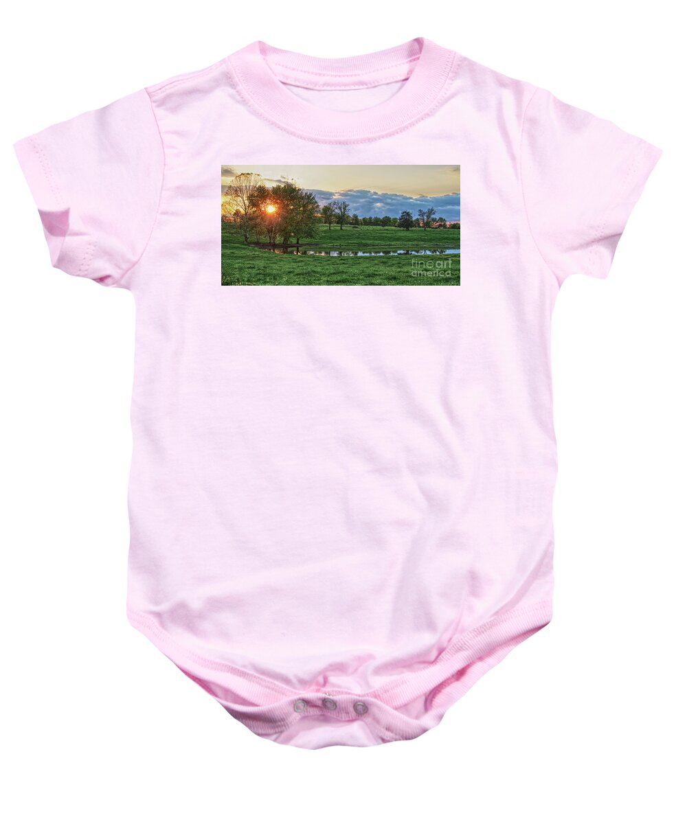 Ozarks Baby Onesie featuring the photograph Ozarks Country Pond Sunset Pano by Jennifer White