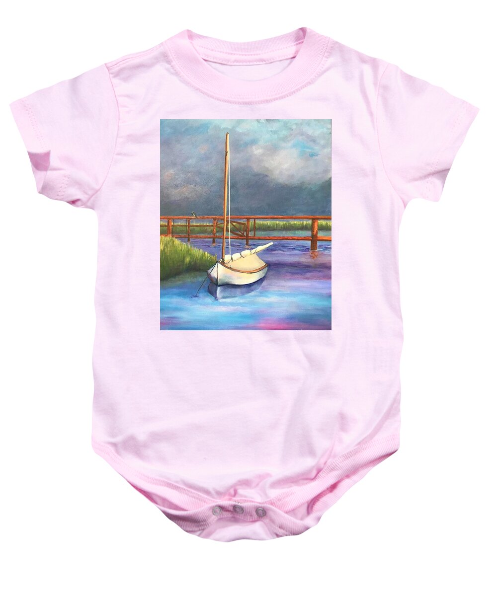 Nautical Baby Onesie featuring the painting Passing Storm at the Mooring by Deborah Naves