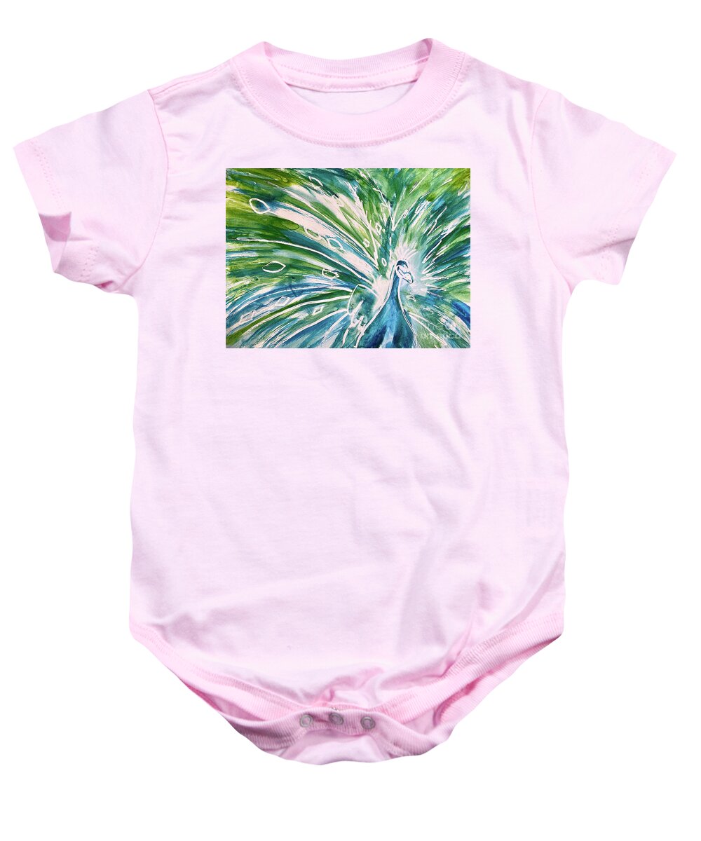 Louisiana Art Baby Onesie featuring the painting Peacock for Mom by Francelle Theriot