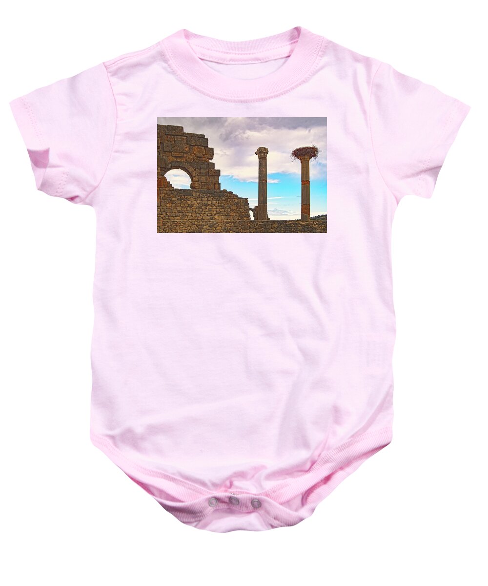 Roman Ruins Baby Onesie featuring the photograph Perch Among the Ruins by Edward Shmunes