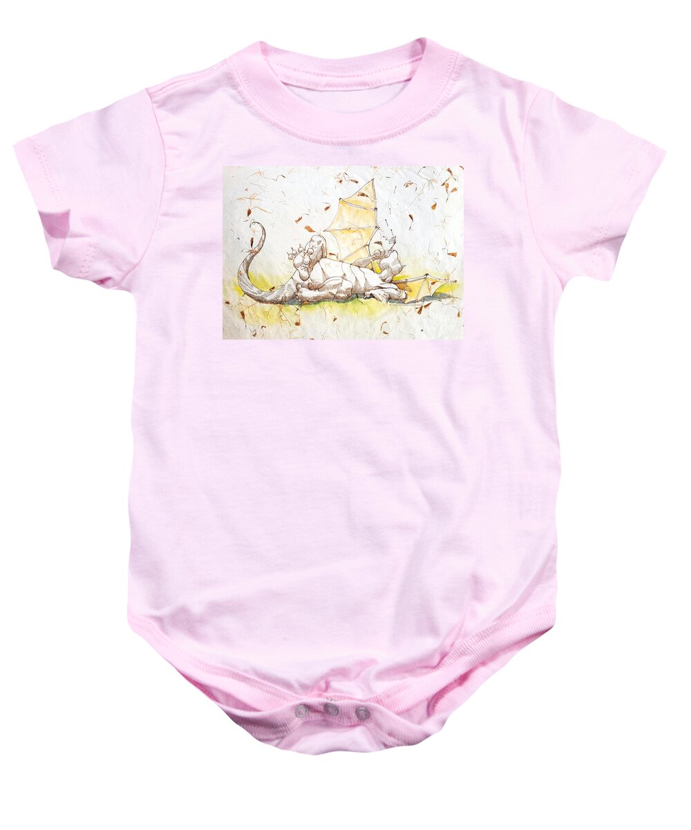 Watercolor Baby Onesie featuring the drawing Petal Playing Dragon by Merana Cadorette
