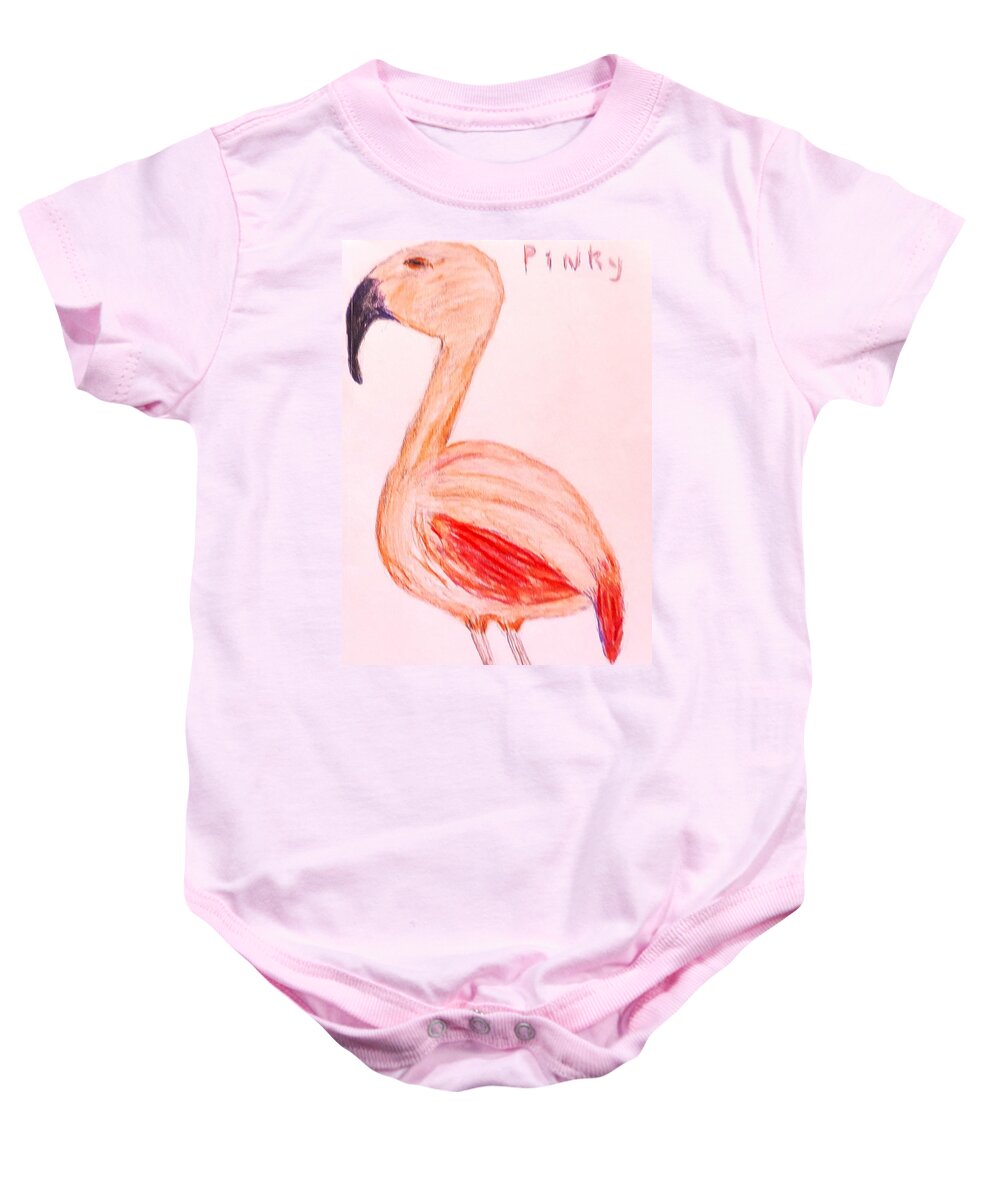 Flamingo Baby Onesie featuring the drawing Pinky Tampa's Famous Flamingo by Suzanne Berthier