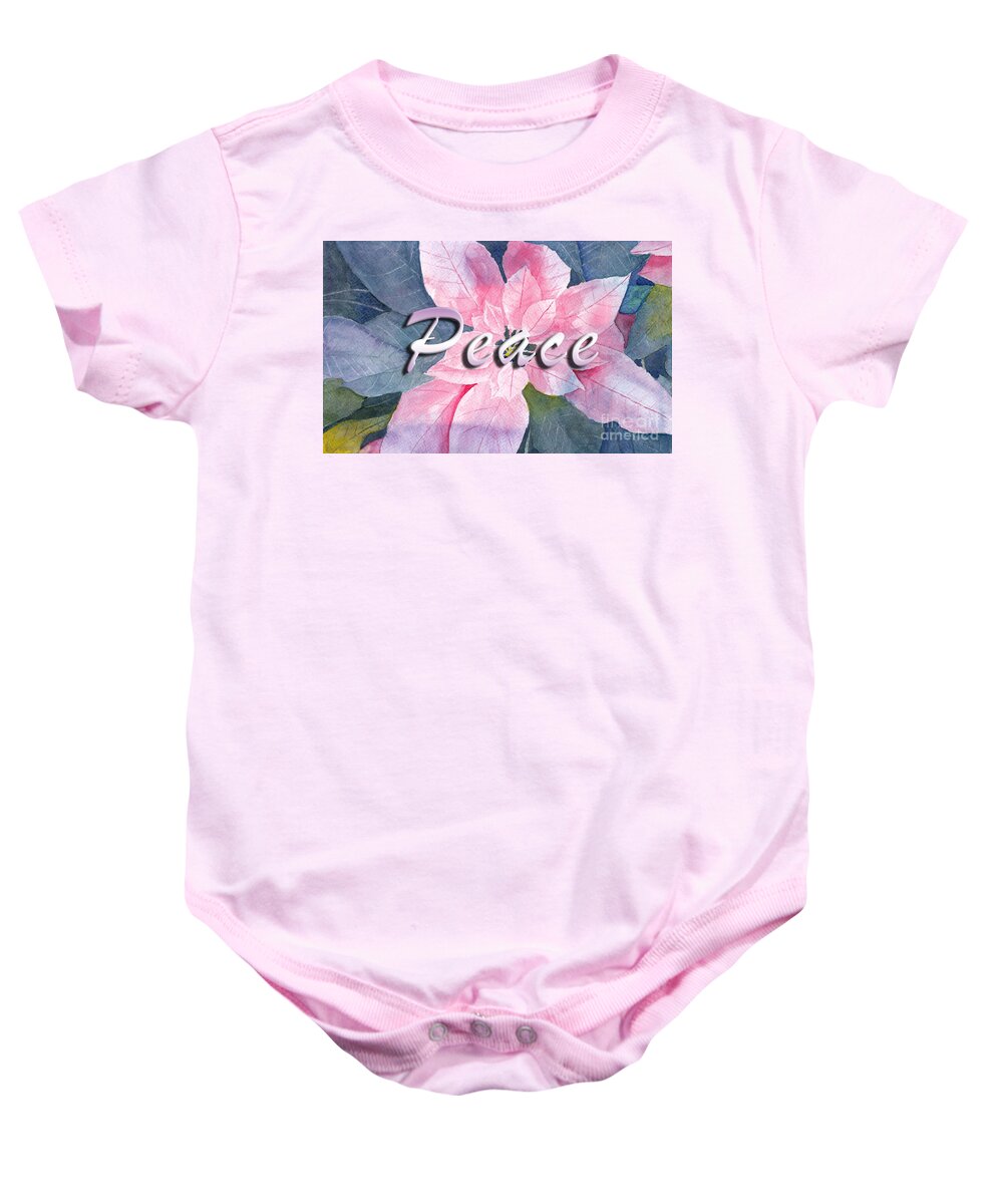 Peace Baby Onesie featuring the digital art Poinsettia Watercolor with Peace Message by Conni Schaftenaar