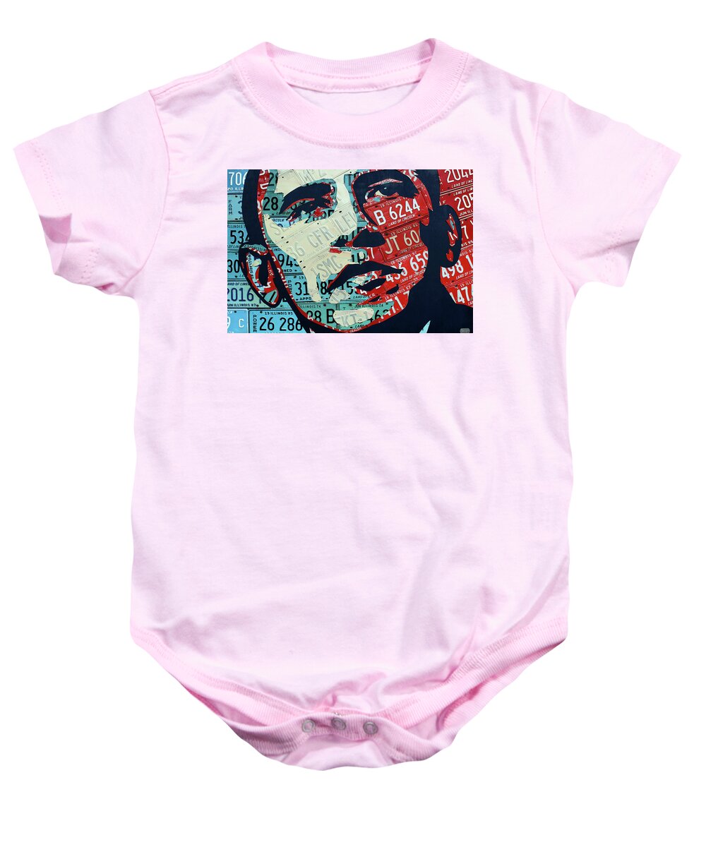 President Baby Onesie featuring the mixed media President Obama Recycled License Plate Art Portrait by Design Turnpike by Design Turnpike