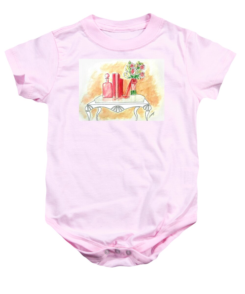 Tablescape Baby Onesie featuring the painting Pretty in Pink by Jayne Somogy