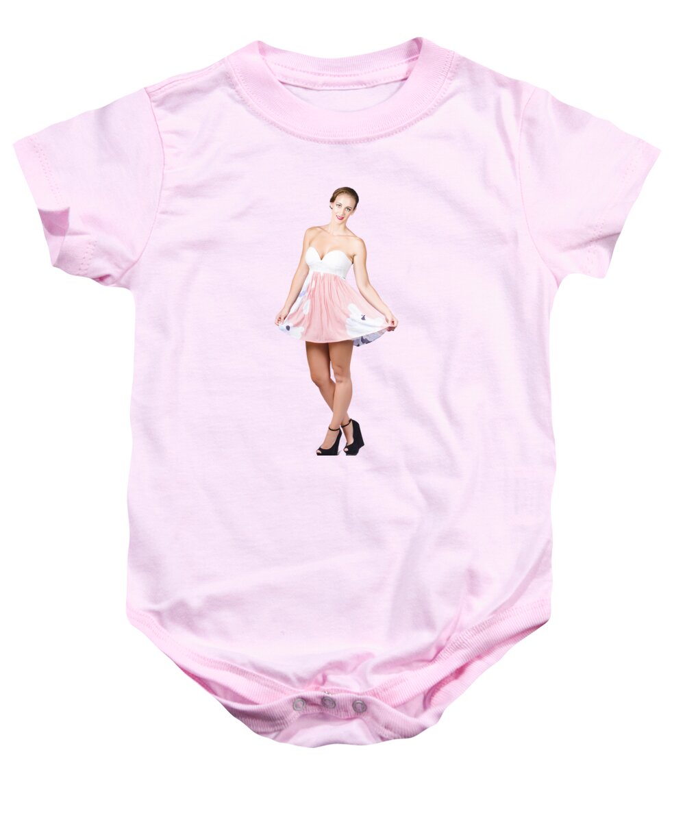 Elegance Baby Onesie featuring the photograph Pretty woman in curtsy pose wearing pink dress by Jorgo Photography