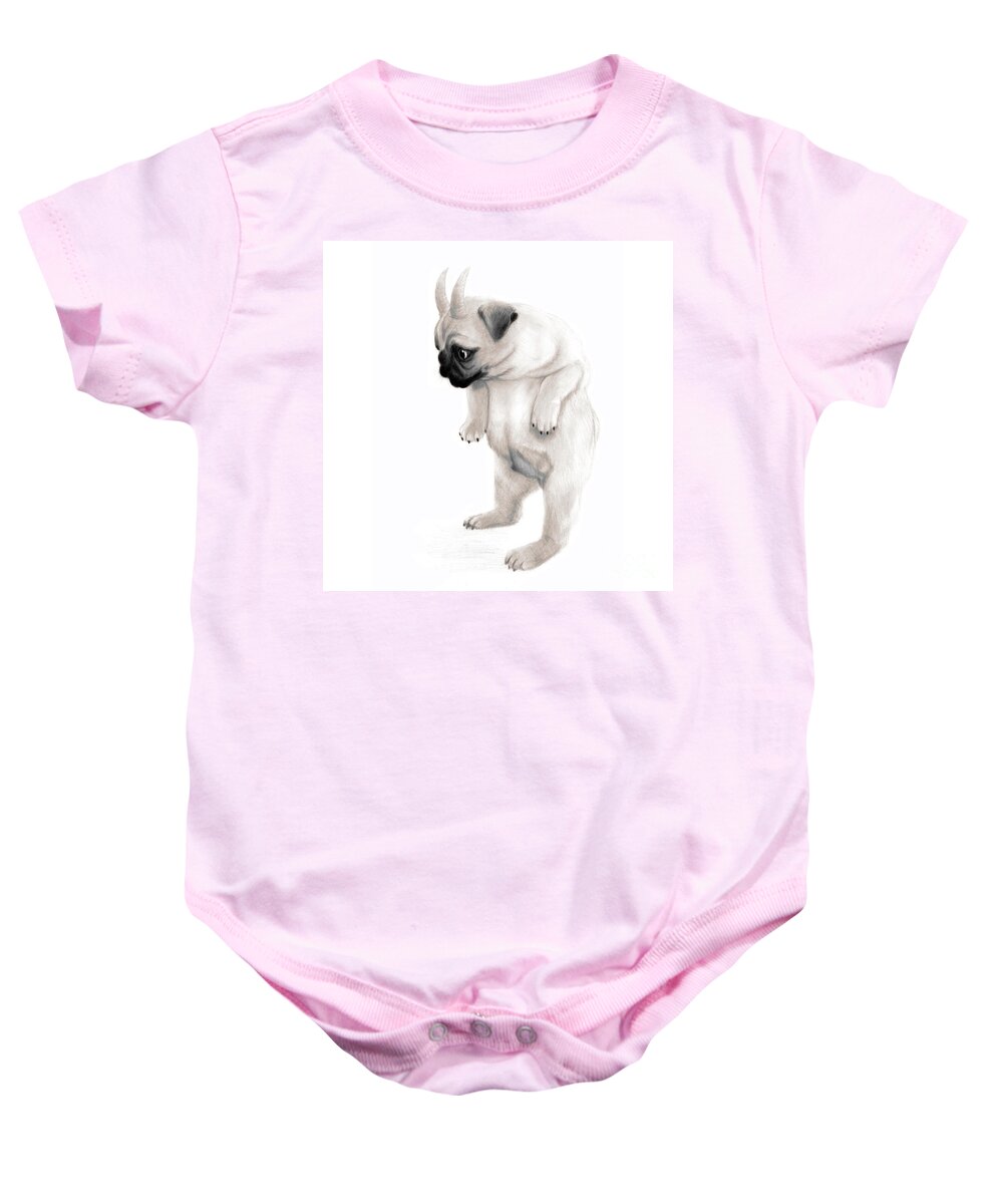 Pug Baby Onesie featuring the drawing Pugalo the Puggoat by Robert Douglas