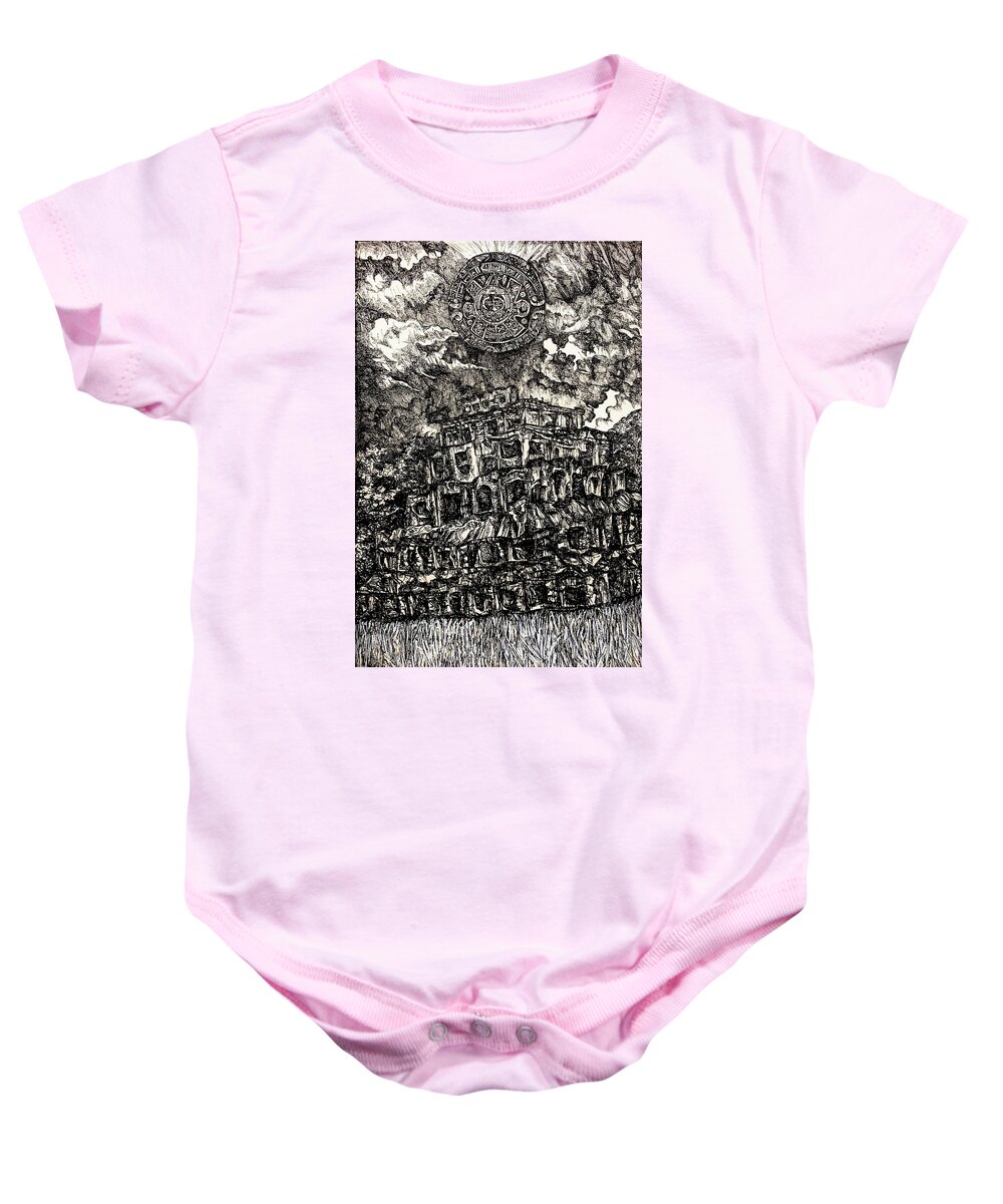 Pen And Ink Drawing Baby Onesie featuring the drawing Pyramid of the Seven Stories and The Fifth Sun by Angela Weddle